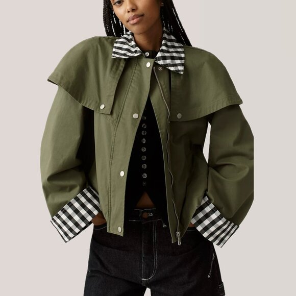 Avec Les Filles Cotton-Blend Gingham Trim Cape Jacket (Olive Green) - Picture 2 of 16